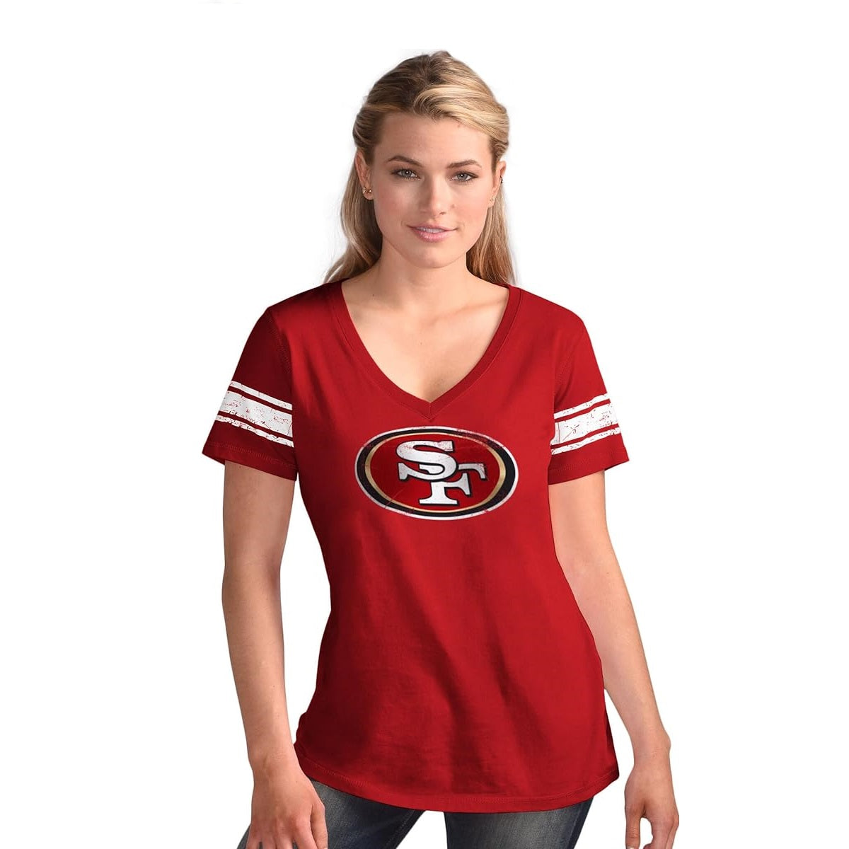 Camiseta de mujer con cuello en V y diseño desgastado de los New York Yankees Ballpark