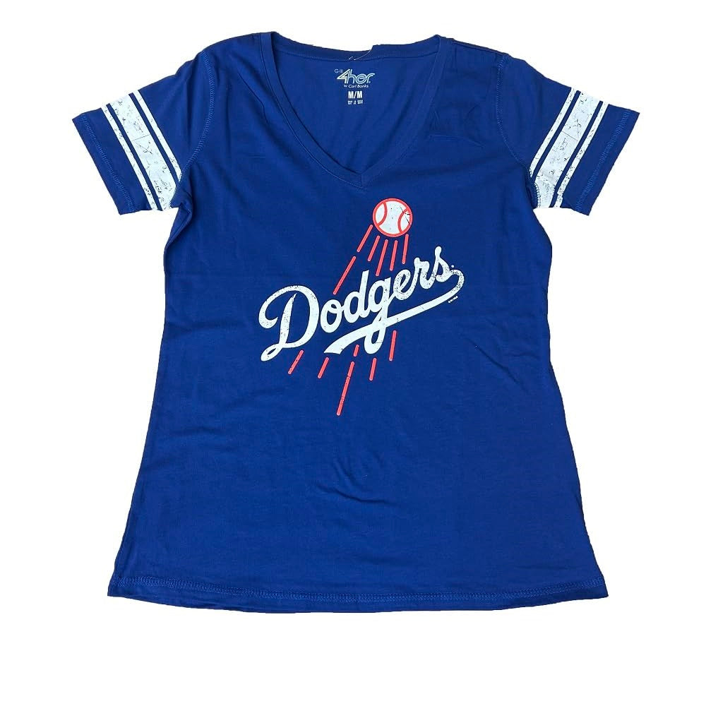 Los Angeles Dodgers Women's Distressed Ballpark Alternate Logo V-Neck T-Shirt