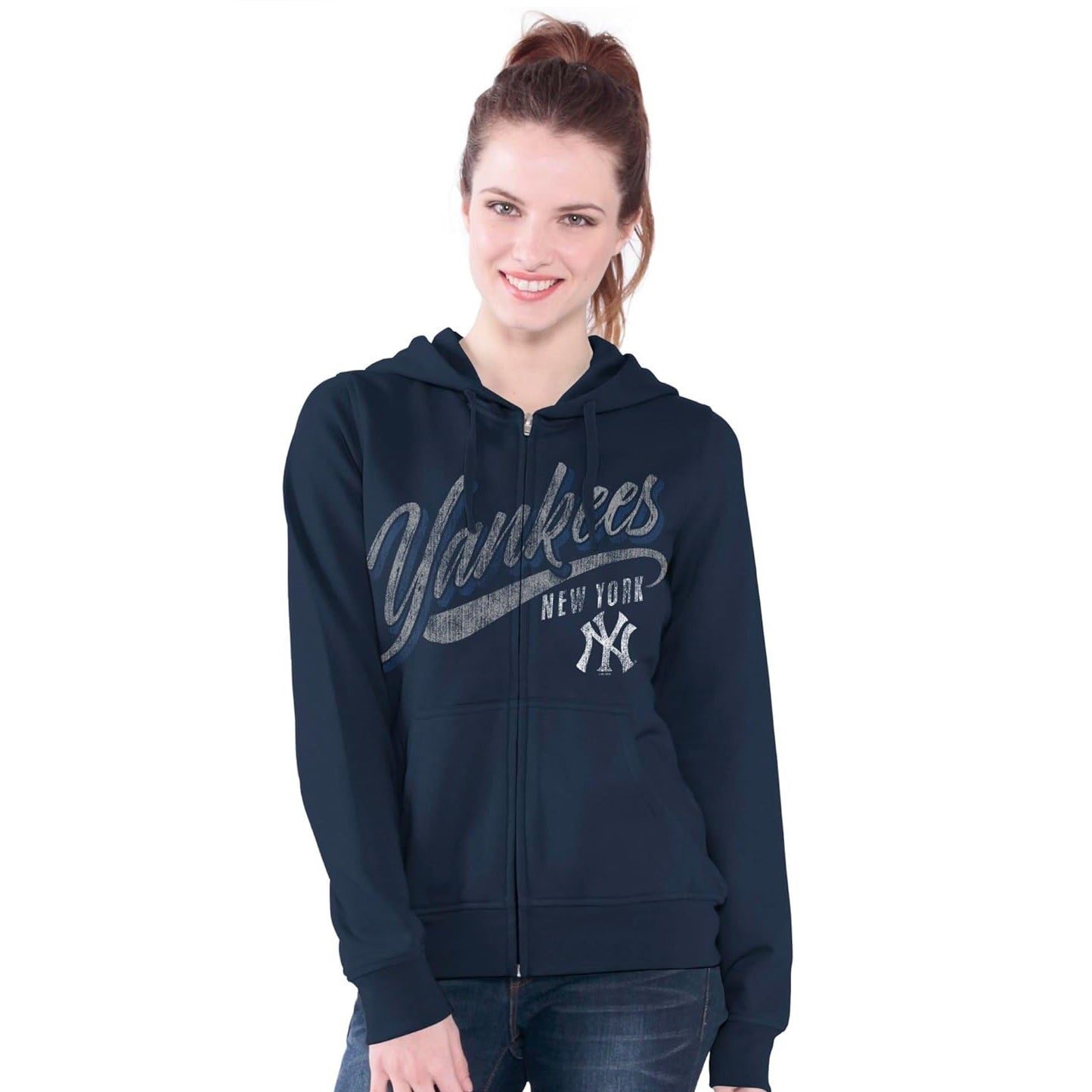New York Yankees Women's Distressed Script Full Zip Fleece Hoodie Sweatshirt