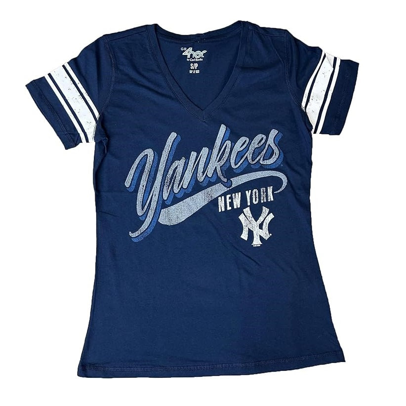 New York Yankees Women's Distressed Script V-Neck T-Shirt