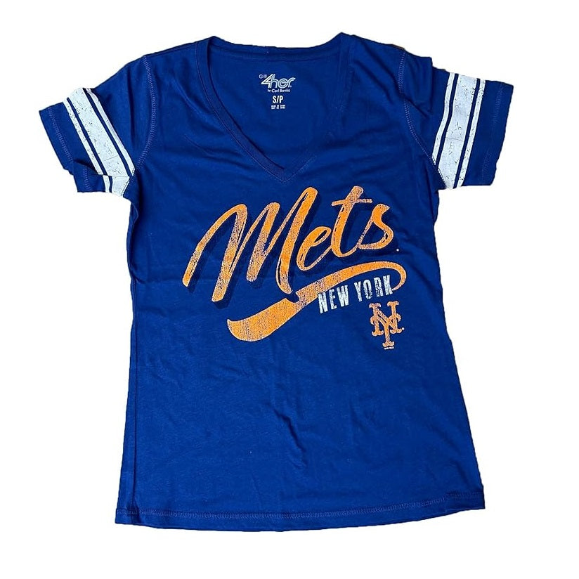 New York Mets Women's Distressed Script V-Neck T-Shirt