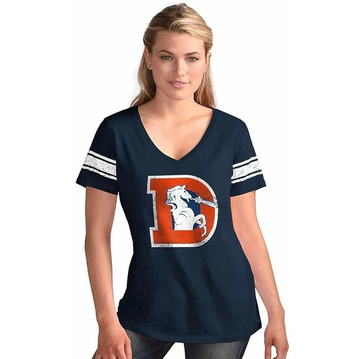 Denver Broncos Women's Distressed First Pick Retro V-Neck T-Shirt