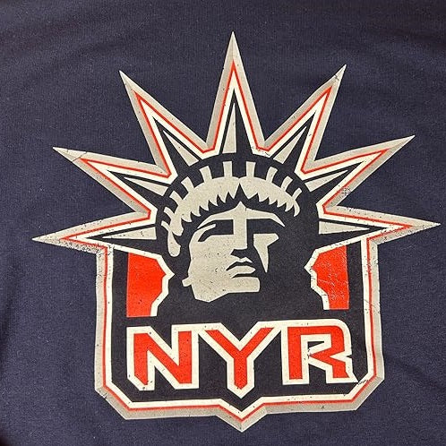 New York Rangers Women's Distressed Cross Check Lady Liberty V-Neck T-Shirt