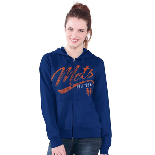 New York Mets Women's Distressed Script Full Zip Fleece Hoodie Sweatshirt