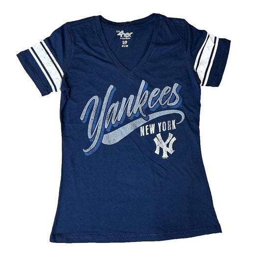 New York Yankees Women's Distressed Script V-Neck T-Shirt