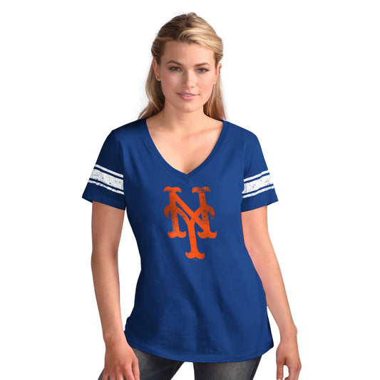 New York Mets Women's Distressed Ballpark V-Neck T-Shirt