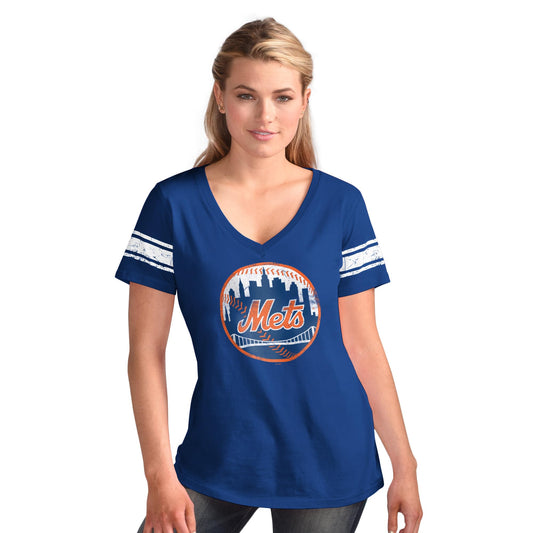 New York Mets Women's Distressed Ballpark Cityscape V-Neck T-Shirt