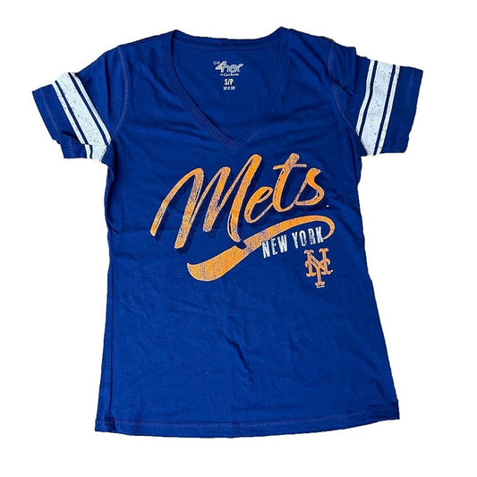 New York Mets Women's Distressed Script V-Neck T-Shirt