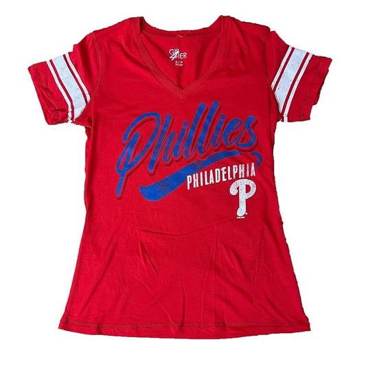 Camiseta de mujer con cuello en V y diseño desgastado de los New York Yankees Ballpark