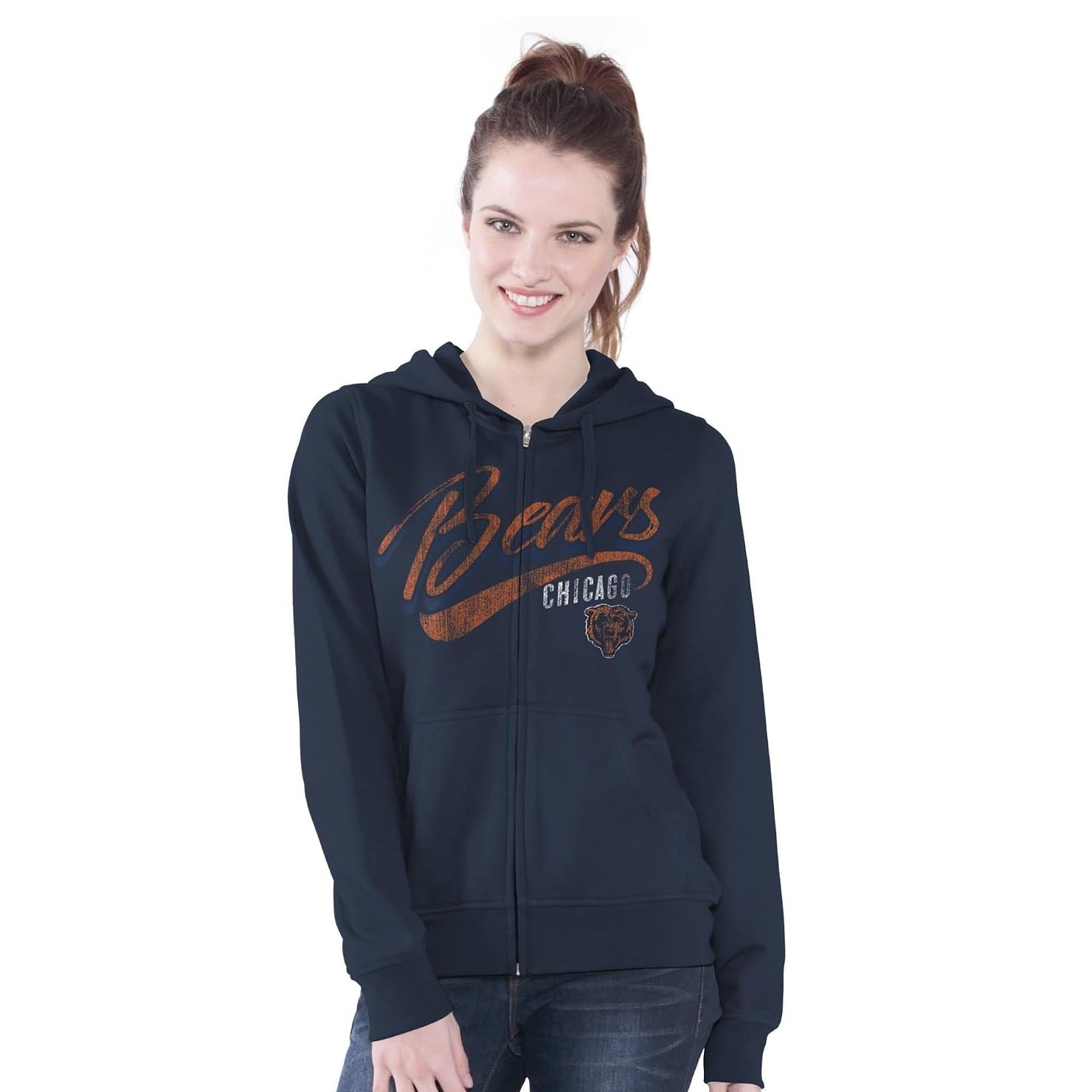 Chicago Bears Women's Distressed Script Full Zip Fleece Hoodie Sweatshirt