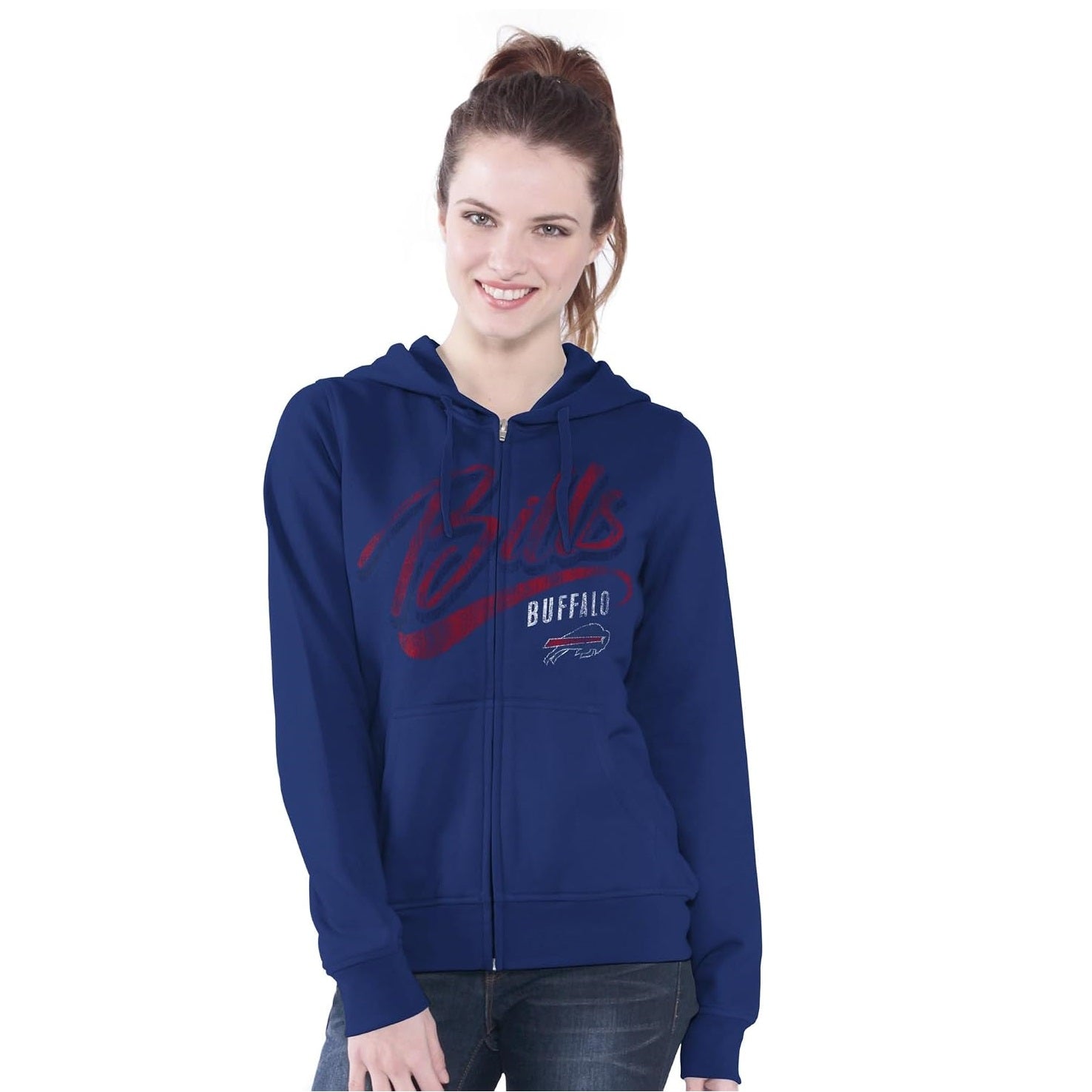 Buffalo Bills Women's Distressed Script Full Zip Fleece Hoodie Sweatshirt