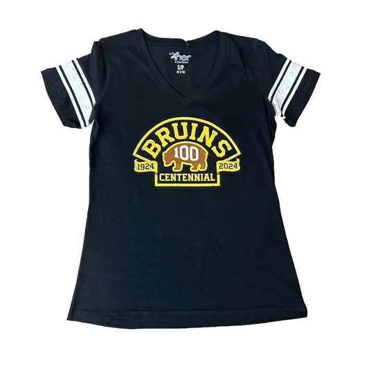 Boston Bruins Women's Distressed Cross Check 100 Years Centennial V-Neck T-Shirt