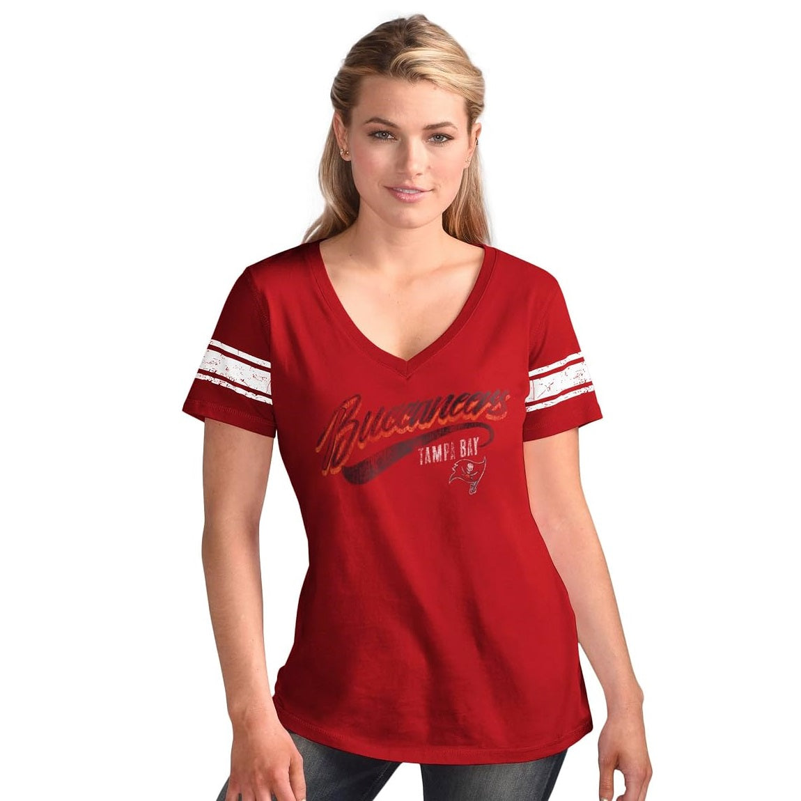 Tampa Bay Buccaneers Women's Distressed Script V-Neck T-Shirt