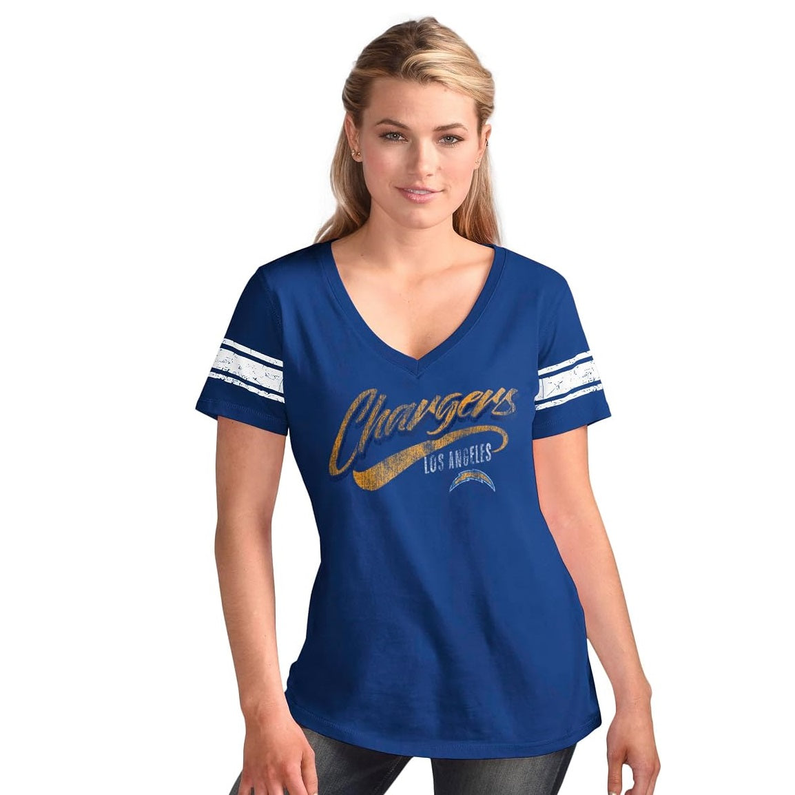 Los Angeles Chargers Women's Distressed Script V-Neck T-Shirt