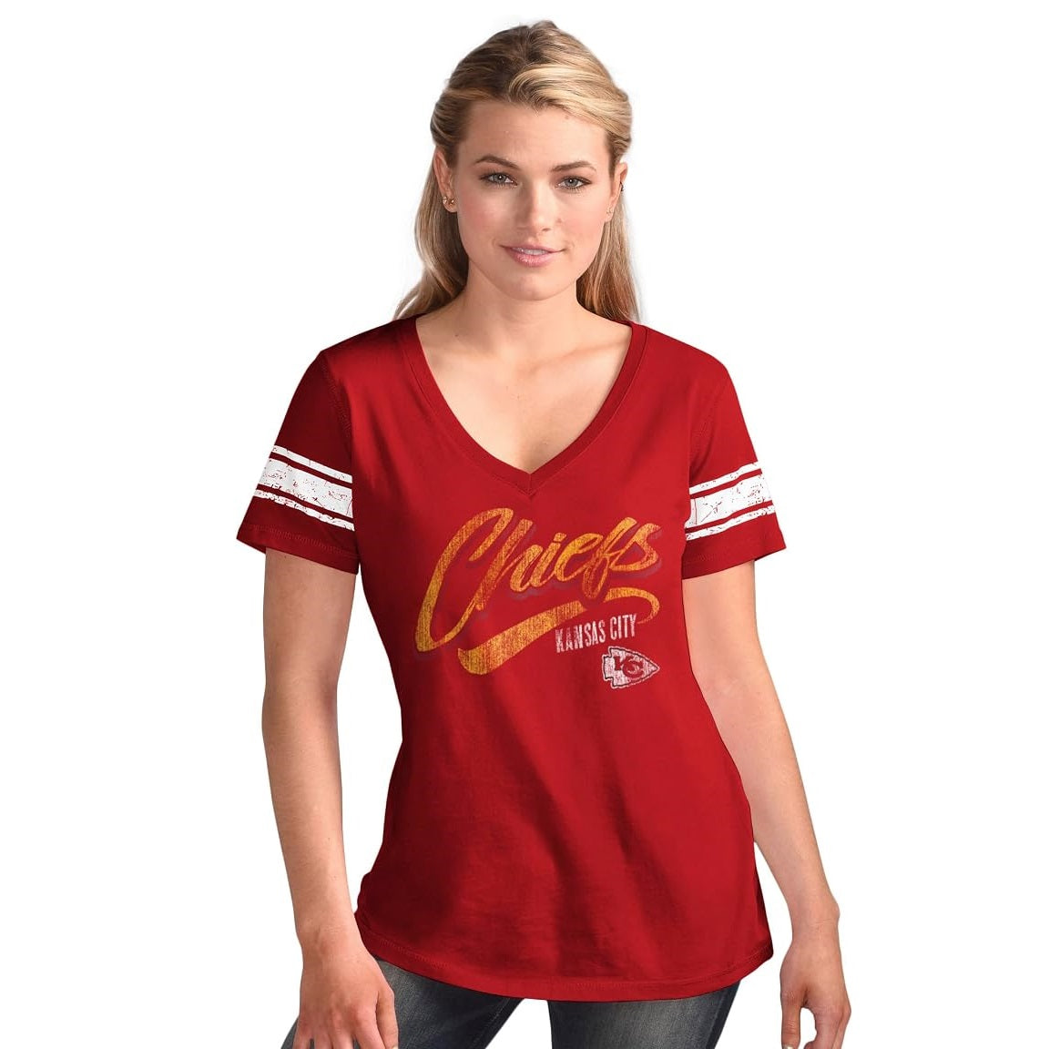 Kansas City Chiefs Women's Distressed Script V-Neck T-Shirt