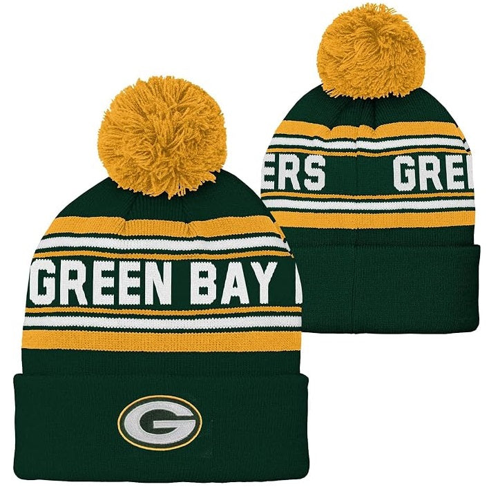 Green Bay Packers Youth Jacquard Cuffed Pom Knit Hat