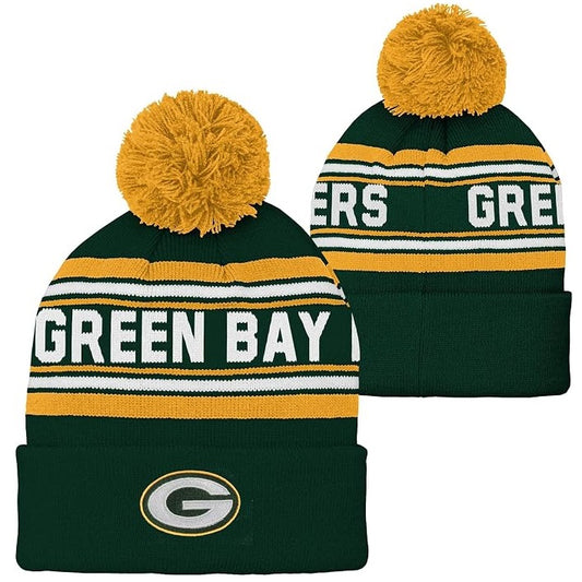 Green Bay Packers Youth Jacquard Cuffed Pom Knit Hat