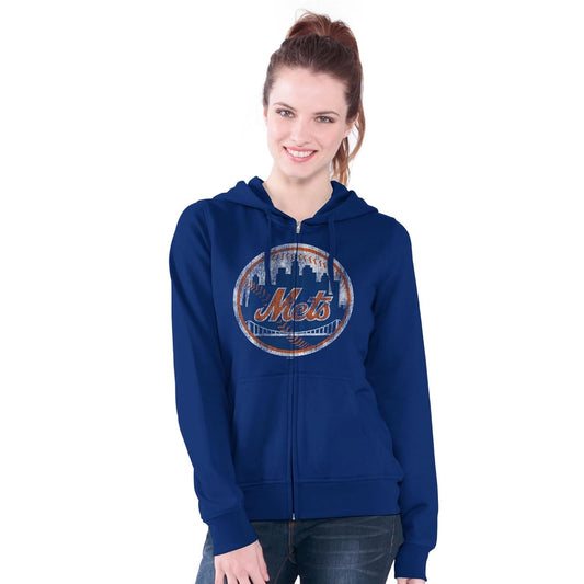 New York Mets Women's Distressed Full Zip Fleece Hoodie Sweatshirt