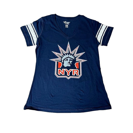 New York Rangers Women's Distressed Cross Check Lady Liberty V-Neck T-Shirt