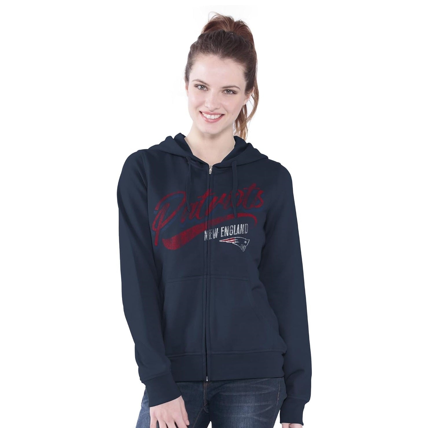 New England Patriots Women's Distressed Script Full Zip Fleece Hoodie Sweatshirt