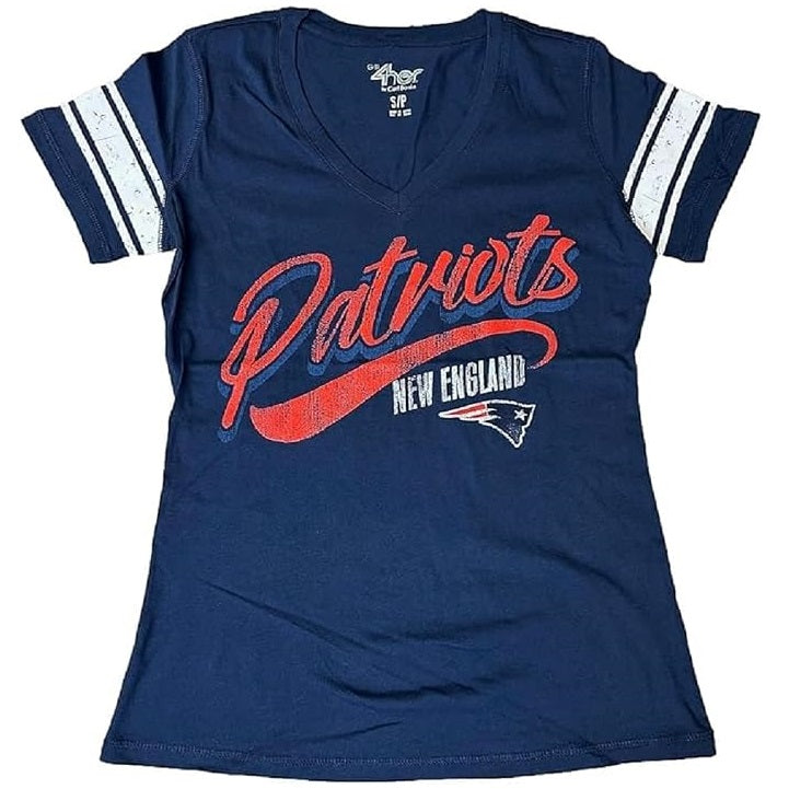 New England Patriots Women's Distressed Script V-Neck T-Shirt