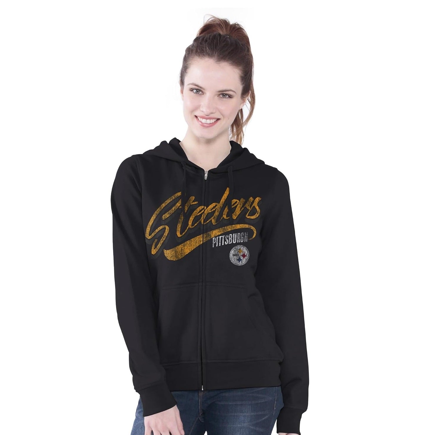 Pittsburgh Steelers Women's Distressed Script Full Zip Fleece Hoodie Sweatshirt
