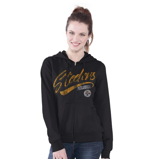 Pittsburgh Steelers Women's Distressed Script Full Zip Fleece Hoodie Sweatshirt