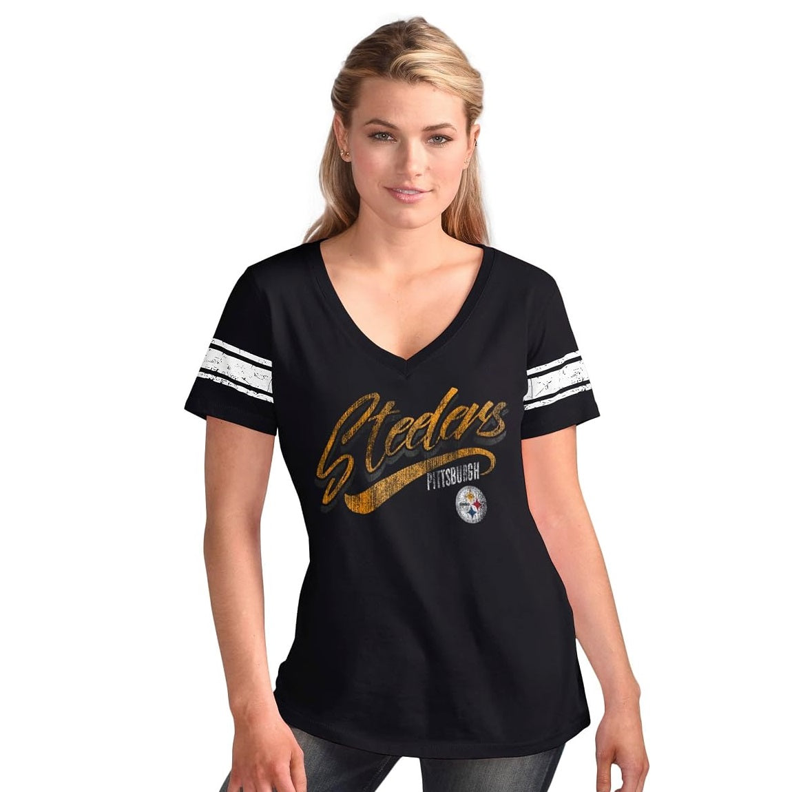 Pittsburgh Steelers Women's Distressed Script V-Neck T-Shirt