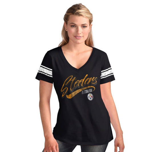 Pittsburgh Steelers Women's Distressed Script V-Neck T-Shirt