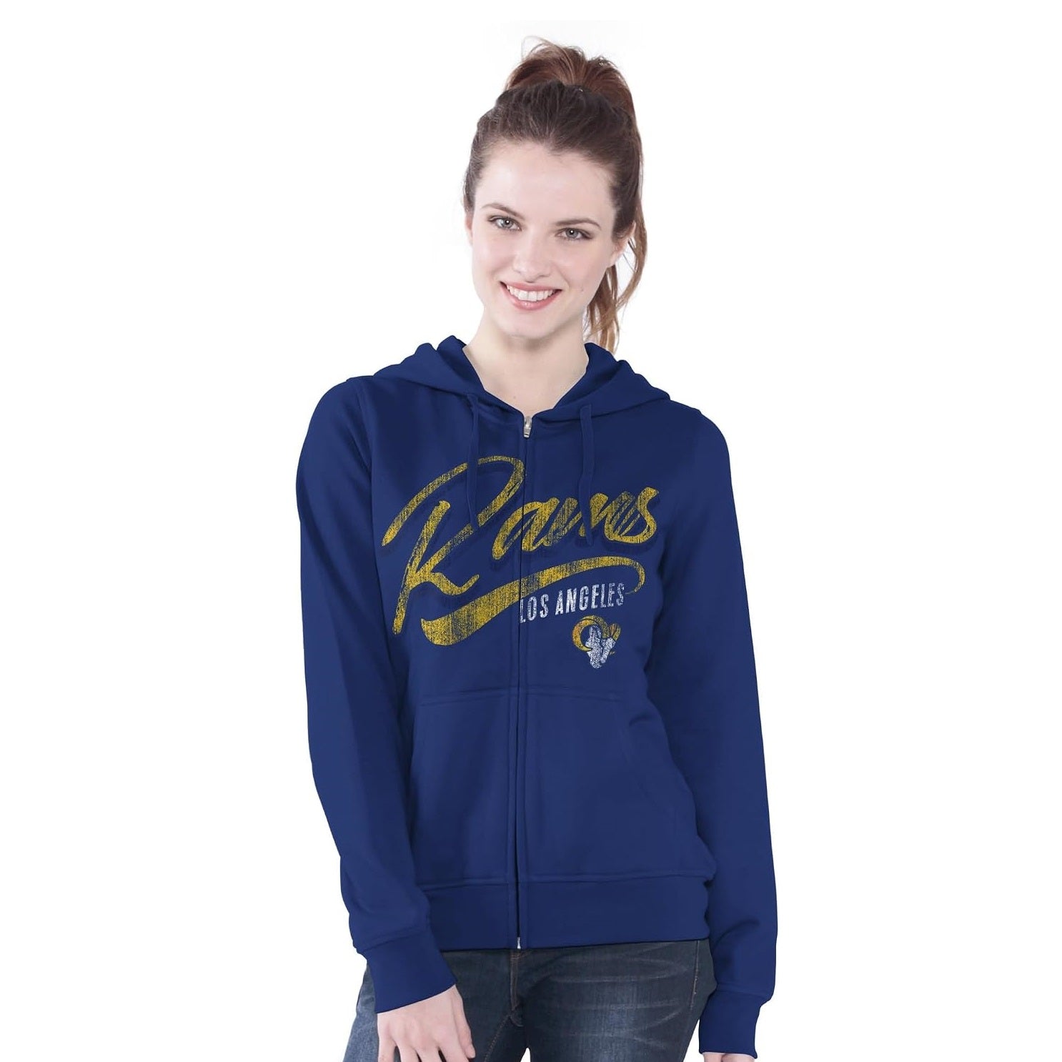 Los Angeles Rams Women's Distressed Script Full Zip Fleece Hoodie Sweatshirt