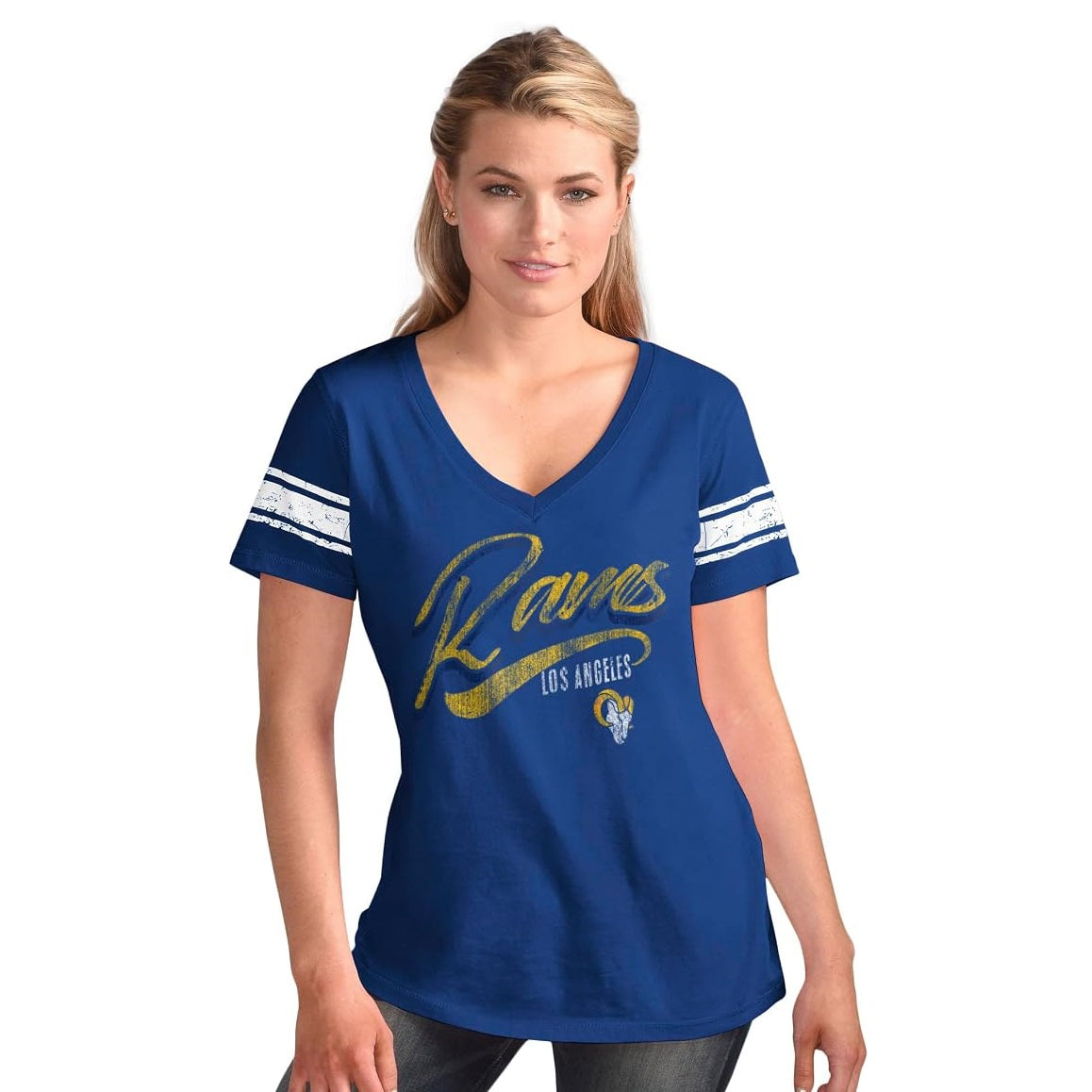Los Angeles Rams Women's Distressed Script V-Neck T-Shirt