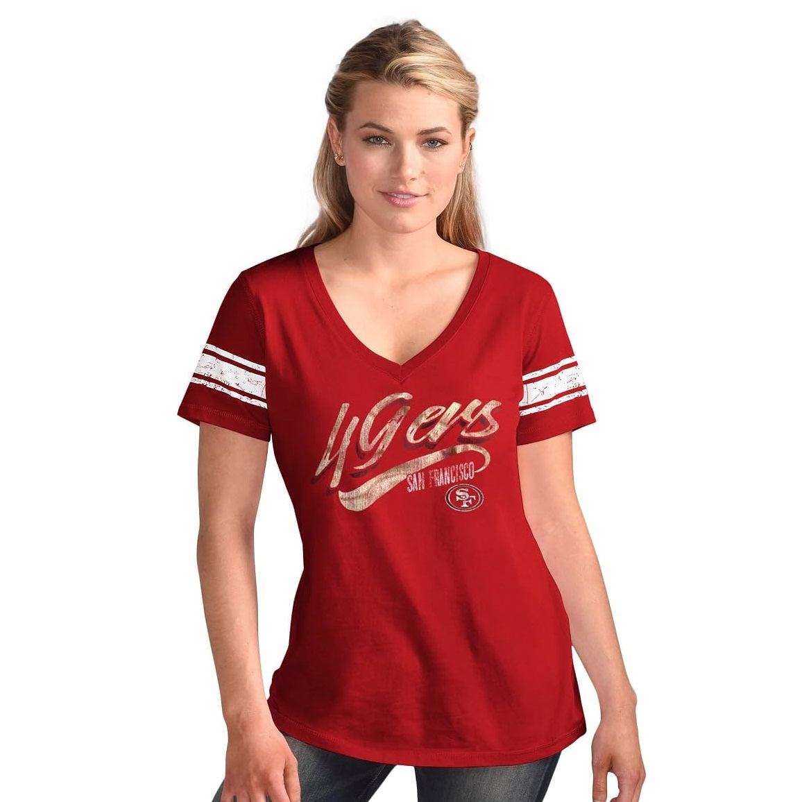 San Francisco 49ers Women's Distressed Script V-Neck T-Shirt