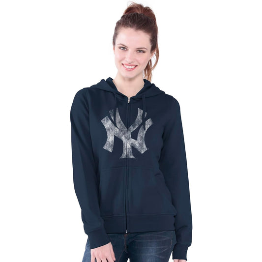New York Yankees Women's Distressed Full Zip Fleece Hoodie Sweatshirt